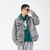 Unisex Jacket Retro Washed Denim Jacket Lapel Loose Pockets Overalls